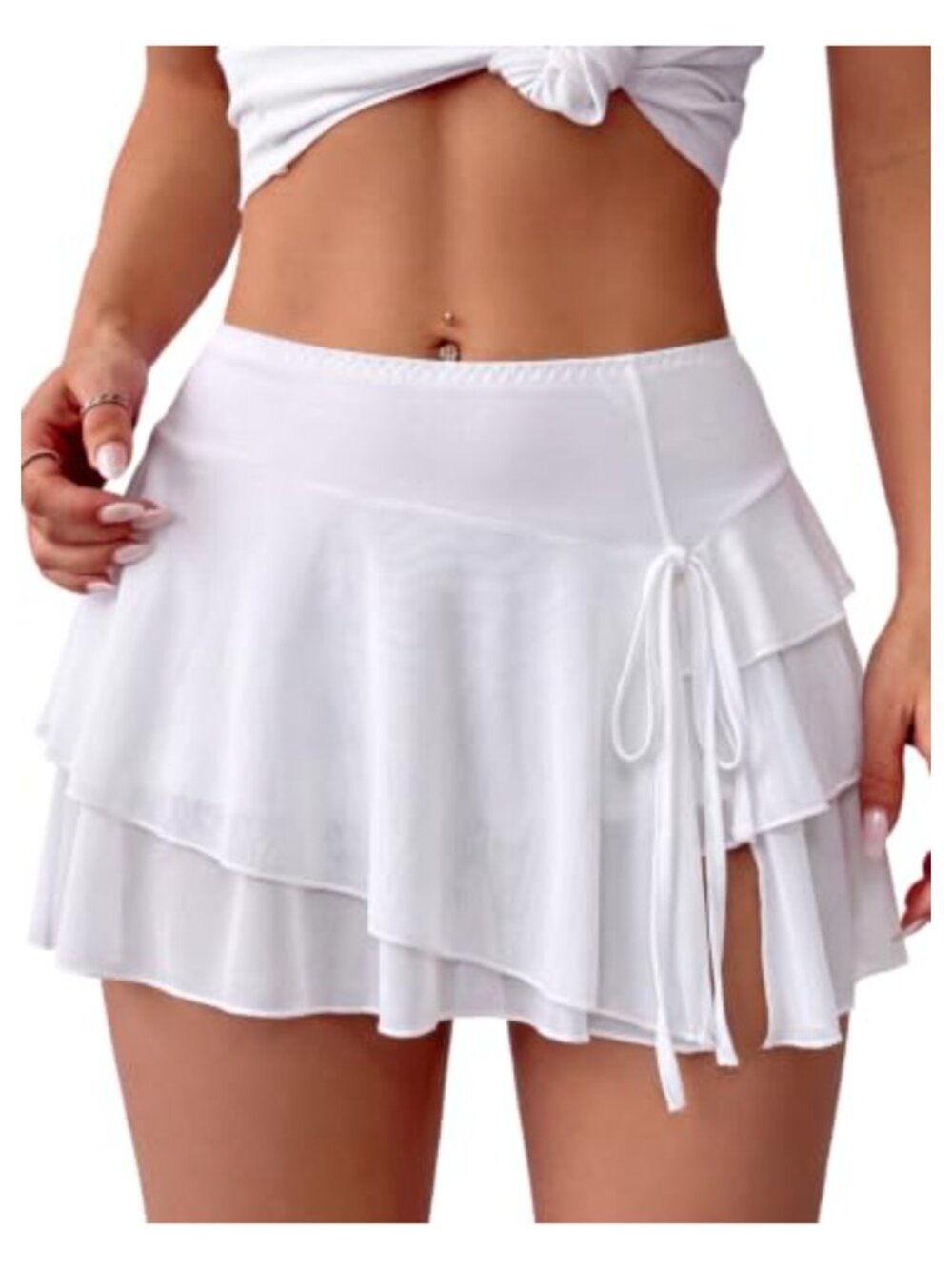 Mesh Mini Skort with Built-in Shorts Ruffle Tiered Side Slit Y2K